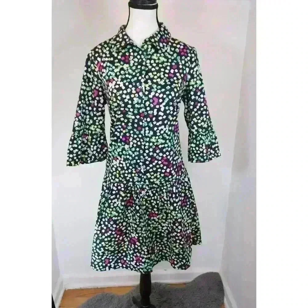 DKNY Drop Waist Printed Cotton Poplin Shirt Dress - Size 10 - Picture 3 of 16